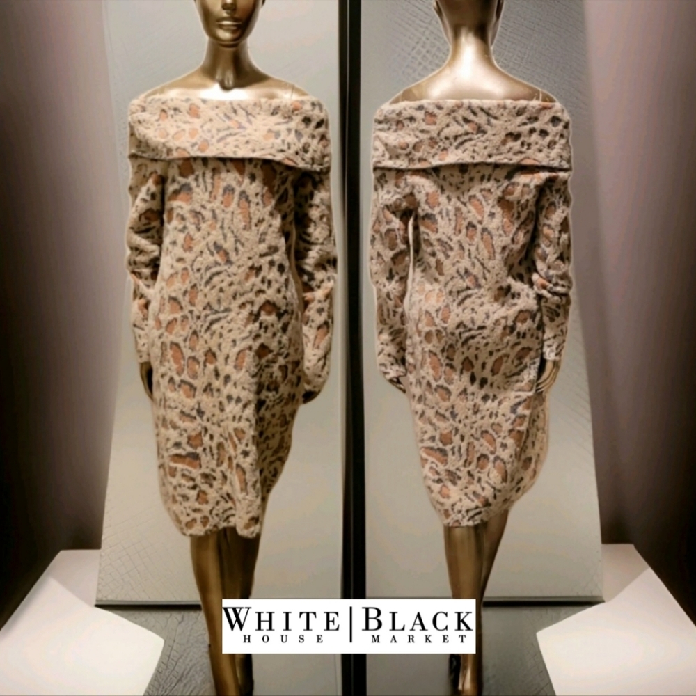 NWT WHBM Cloudy Leopard Off Shoulder Cozy Animal Midi Dress Sz M